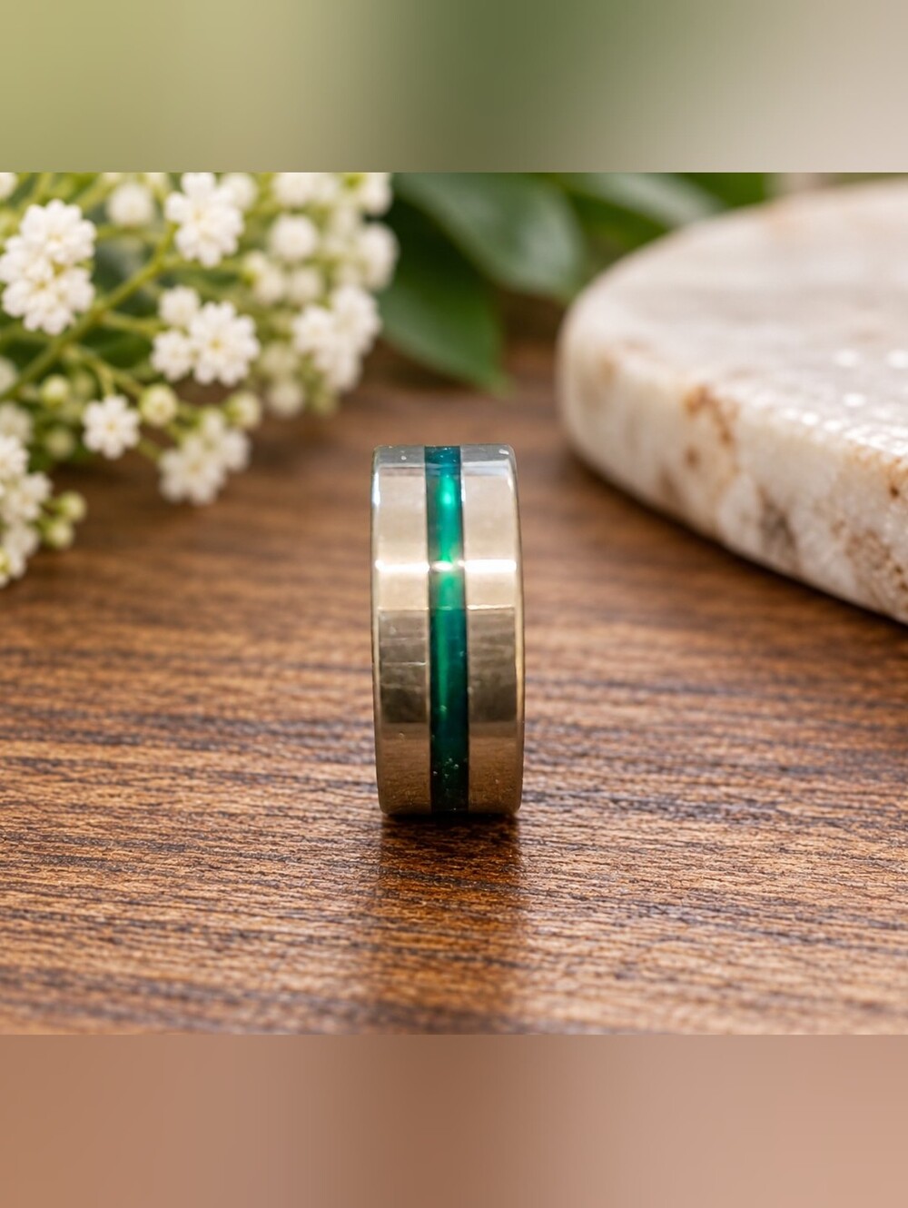 Stainless Steel Ring with Green Inlay US Size 6